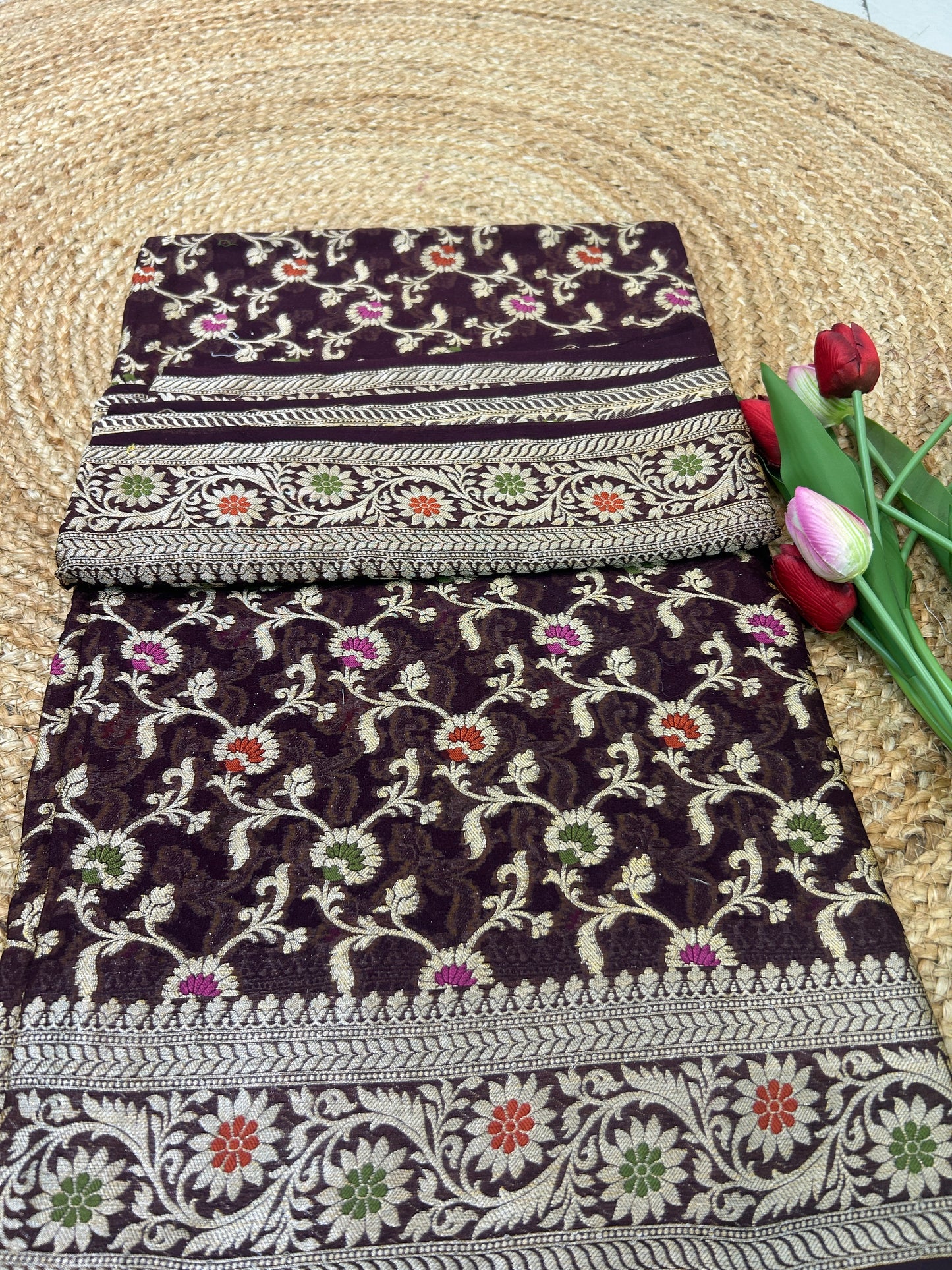 Authentic Handloom Deep Plum Floral Pure Georgette Khaddi weaving Saree