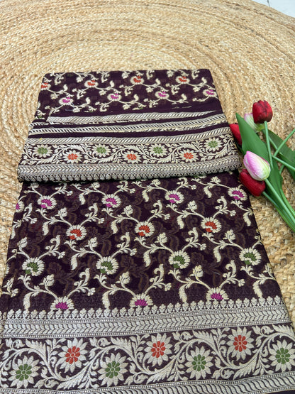 Authentic Handloom Deep Plum Floral Pure Georgette Khaddi weaving Saree