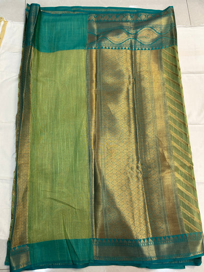 Pista Green with Teal Border & Antique Gold Zari Linen Tissue Banarasi saree with Brocade blouse piece