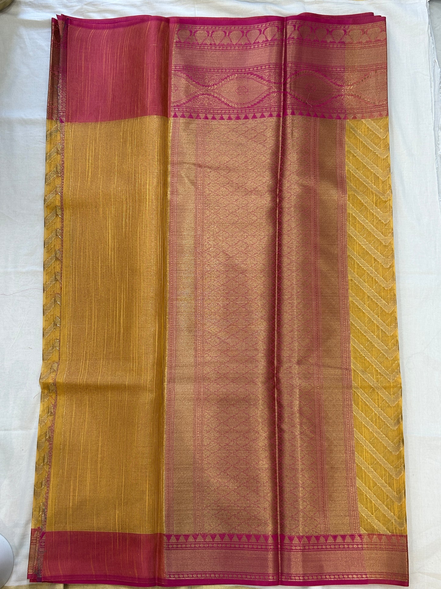 Mustard Yellow with Rani Pink border with Antique Gold Zari Linen Tissue Banarasi saree with Brocade blouse piece