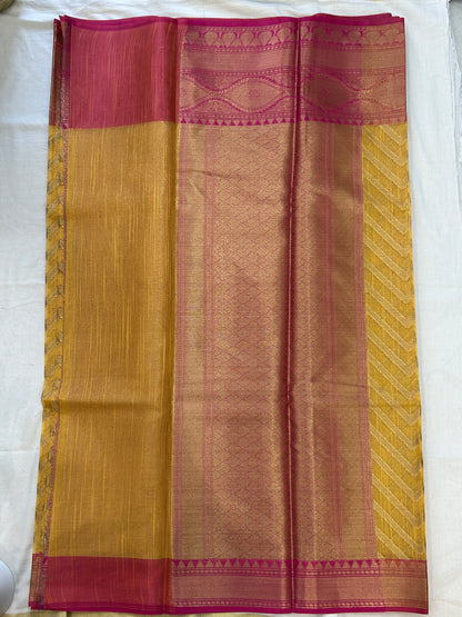 Mustard Yellow with Rani Pink border with Antique Gold Zari Linen Tissue Banarasi saree with Brocade blouse piece