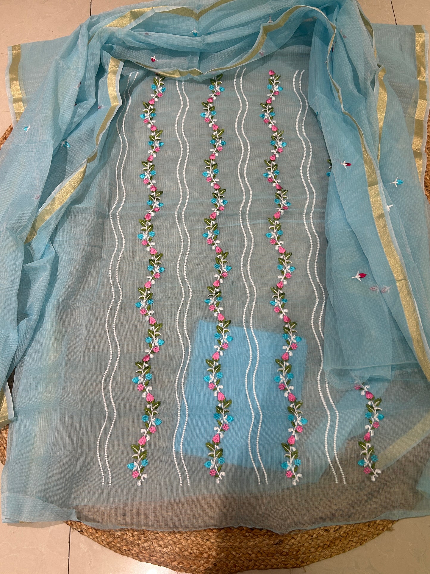 Mix Cotton Floral Embroidered Unstitched Suit Set – Aqua Blue