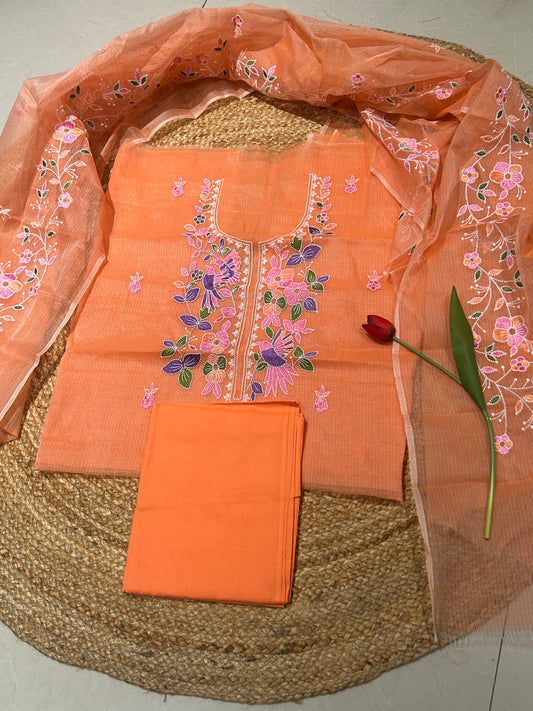 Peach Orange Floral Embroidered Mix Cotton Kota Doria 3-Piece Suit Set