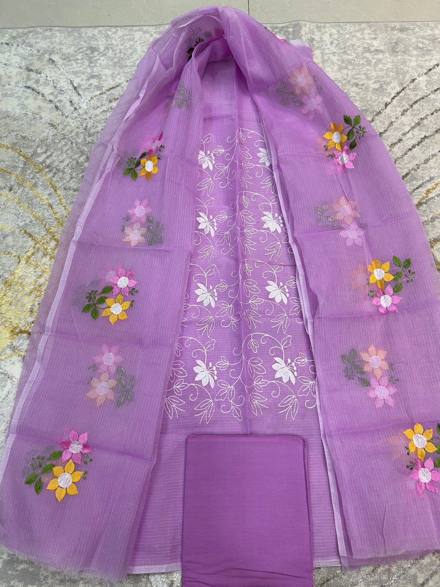 Lavender Embroidered Kota Doria 3 piece unstitched Dress Material