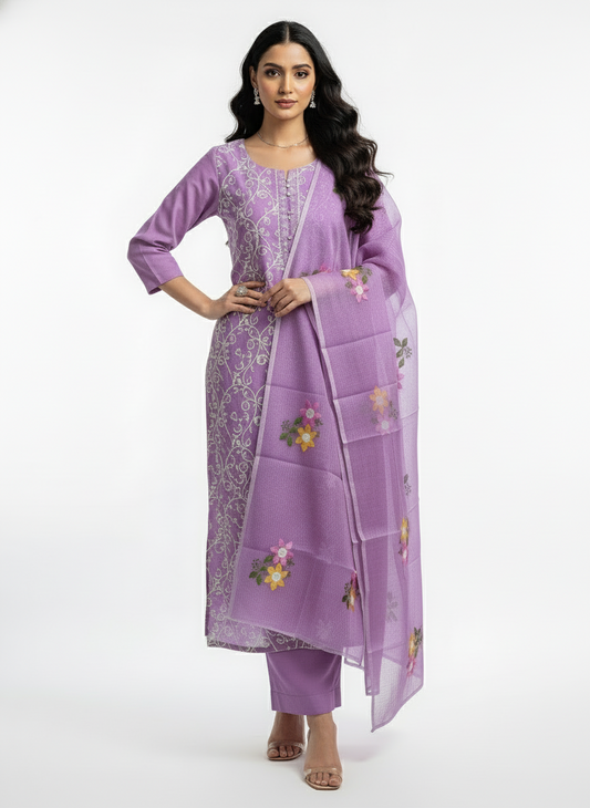 Lavender Embroidered Kota Doria 3 piece unstitched Dress Material