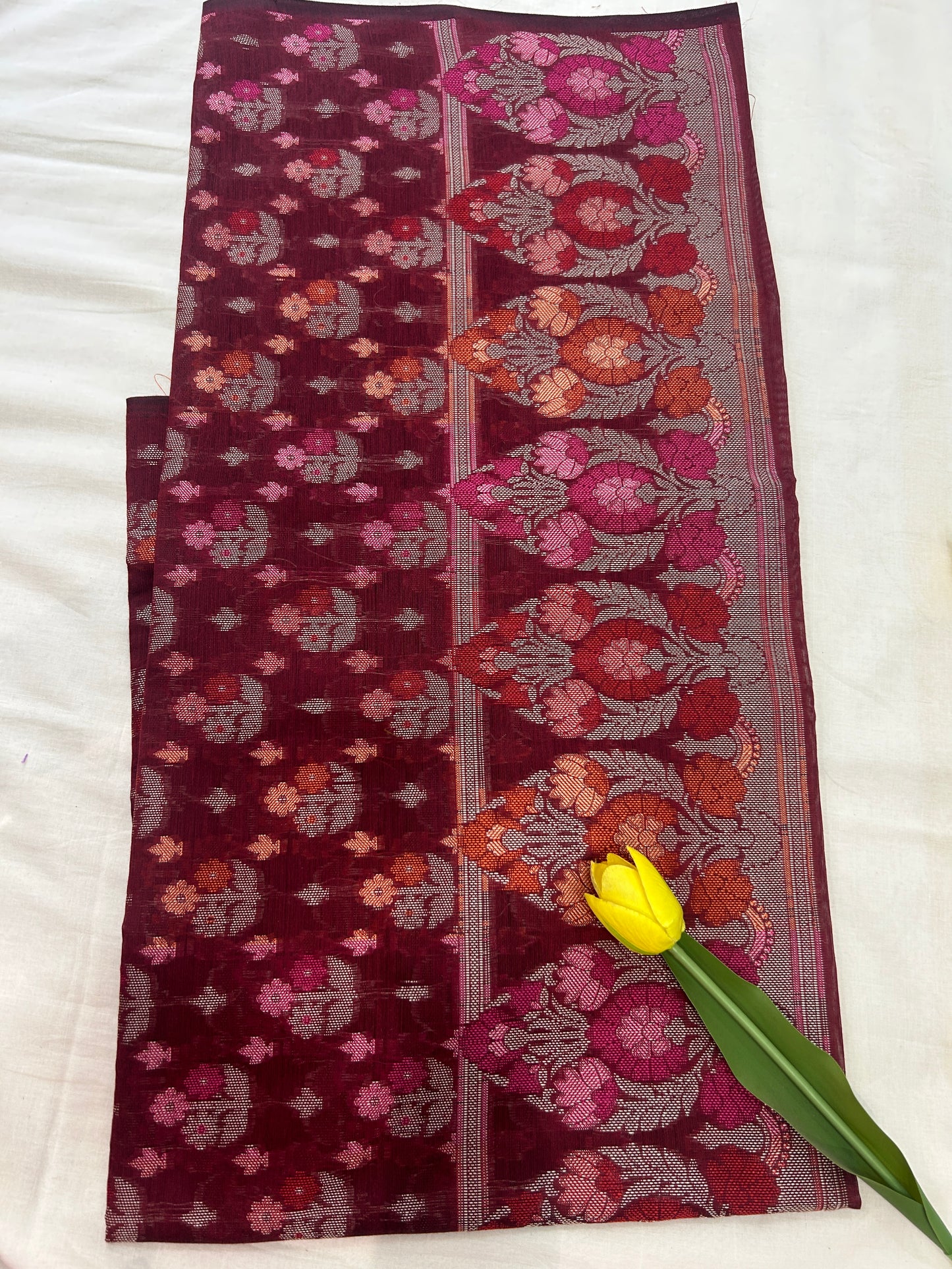 Handwoven maroon Cotton silk Unstitched Banarasi Suit Set with Resham Weaving