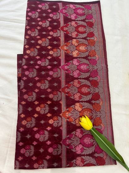 Handwoven maroon Cotton silk Unstitched Banarasi Suit Set with Resham Weaving