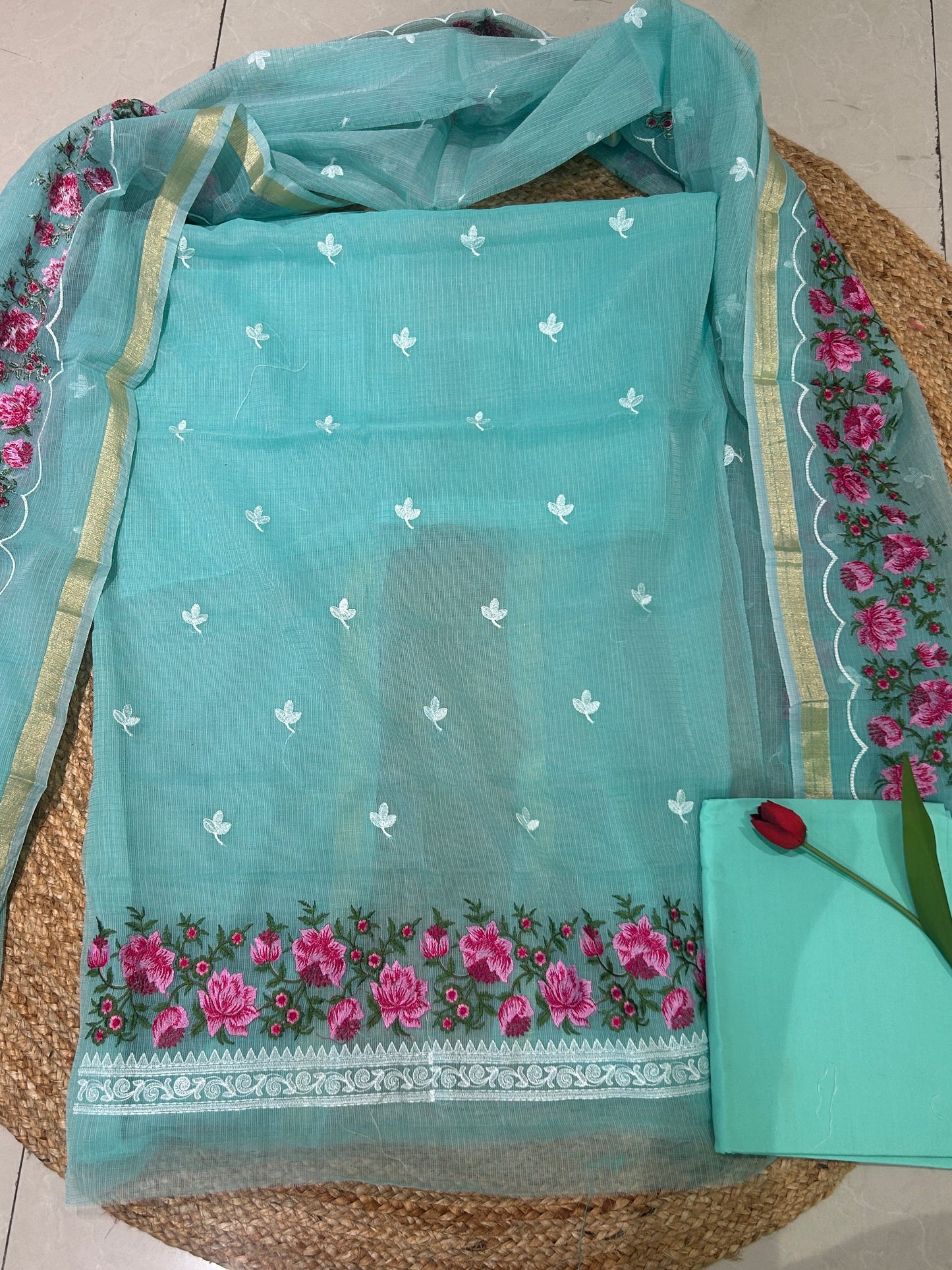 Aqua Blue Floral Embroidered Mix-Cotton Unstitched Suit Set