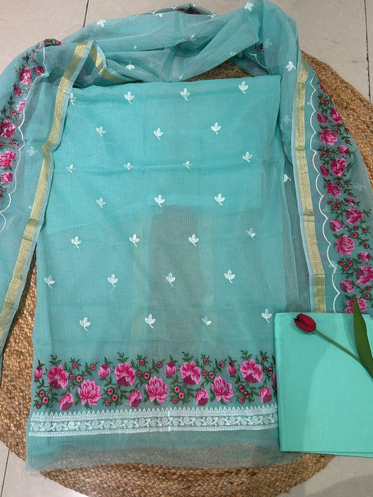 Aqua Blue Floral Embroidered Mix-Cotton Unstitched Suit Set