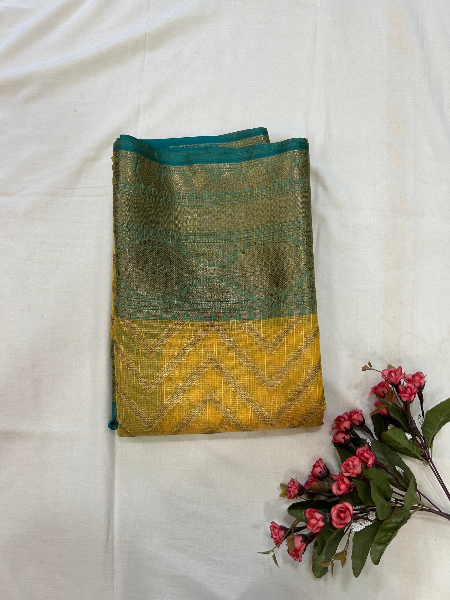 Mustard Yellow with Teal Border & Antique Gold Zari Linen Tissue Banarasi saree with Brocade blouse piece