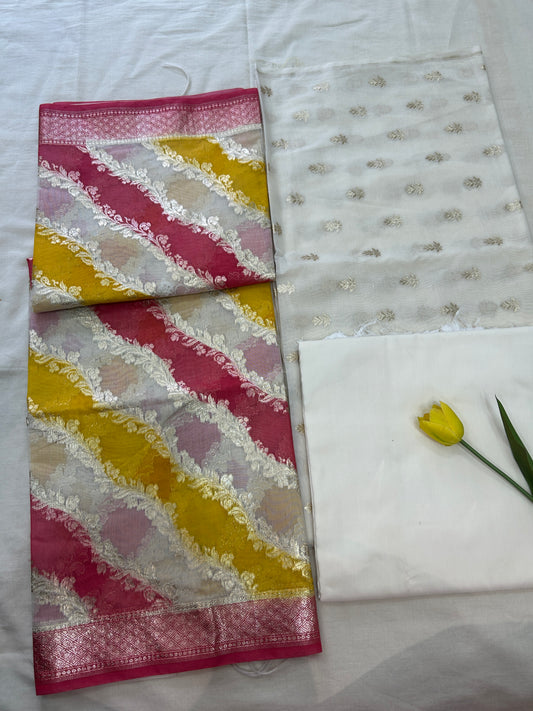 White and Pink golden butti banarasi 3 piece set with diagonal striped dupatta
