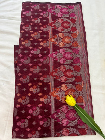 Handwoven maroon Cotton silk Unstitched Banarasi Suit Set with Resham Weaving