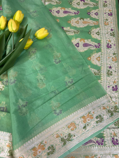 Authentic Handloom Pure Khaddi Georgette Banarasi Saree – Mint Green with Meenakari Weaving