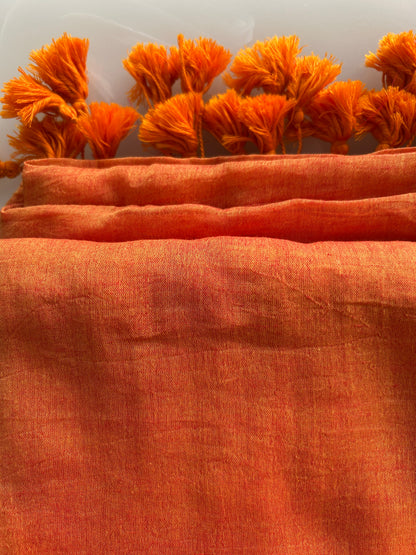 Orange color plain Mulcotton saree (No blouse piece)