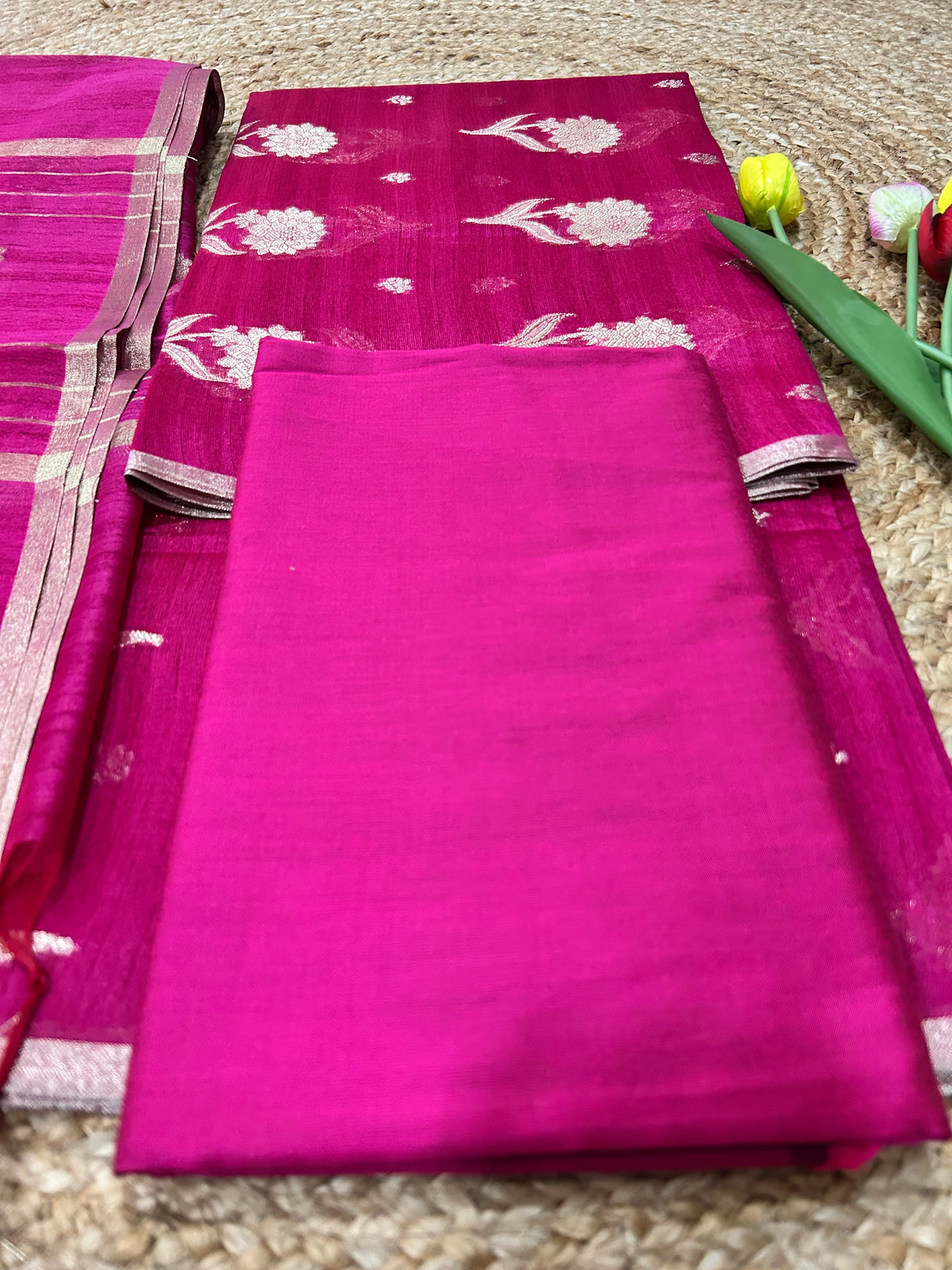 Magenta Pink Chandheri  cotton Banarasi 3-Piece Suit Material