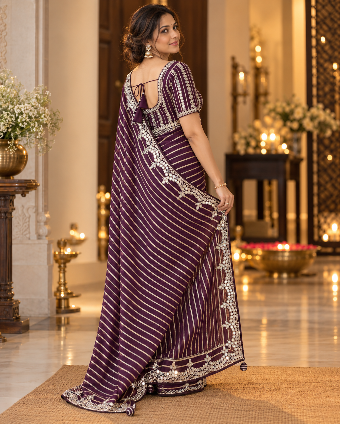 Burgundy color designer party wear Saree with  striped zari with heavy handwork designer ready made blouse  - SPW183