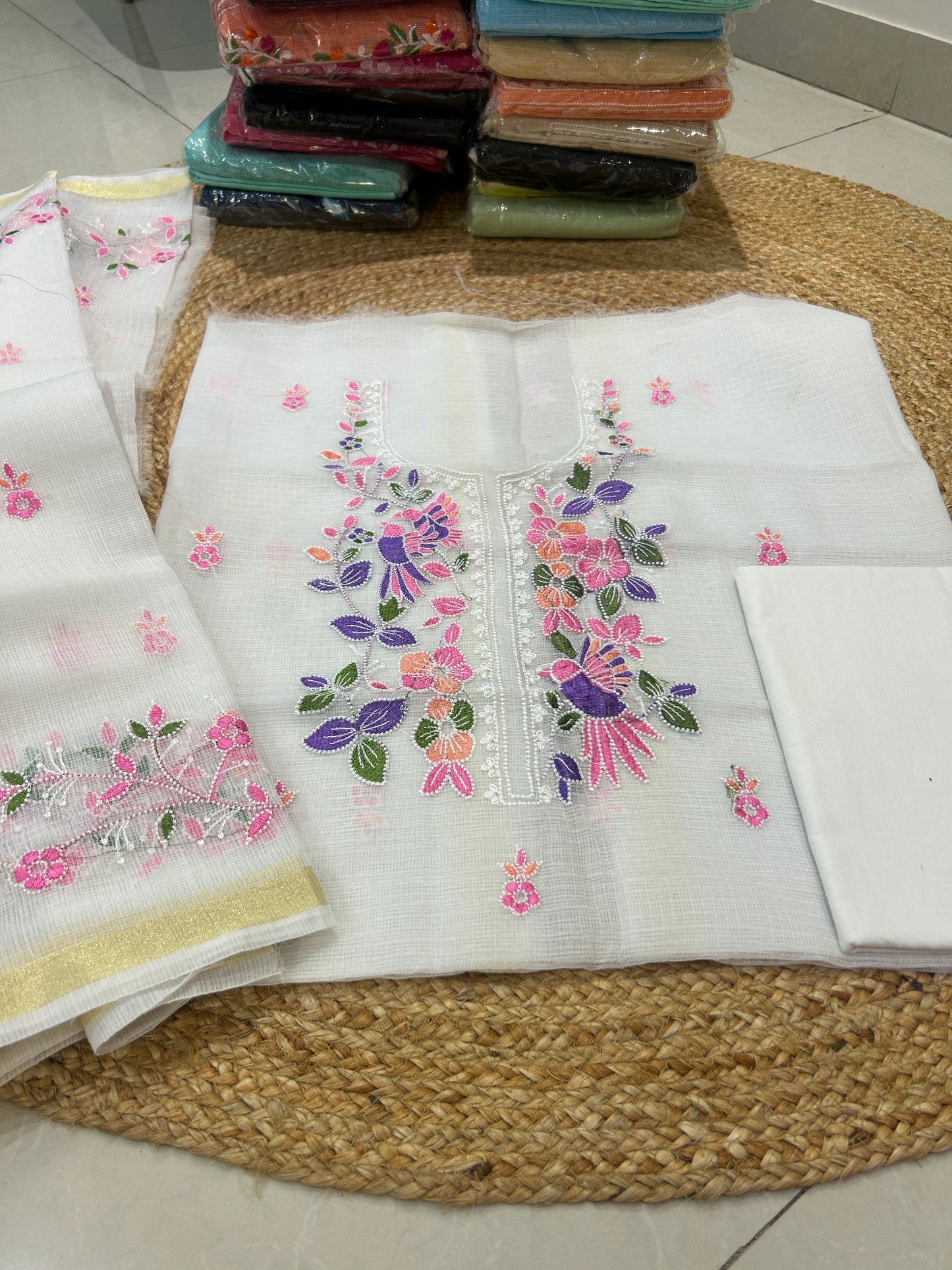 Ivory White Embroidered Mix Cotton Kota Doria 3-Piece Unstitched Suit Set