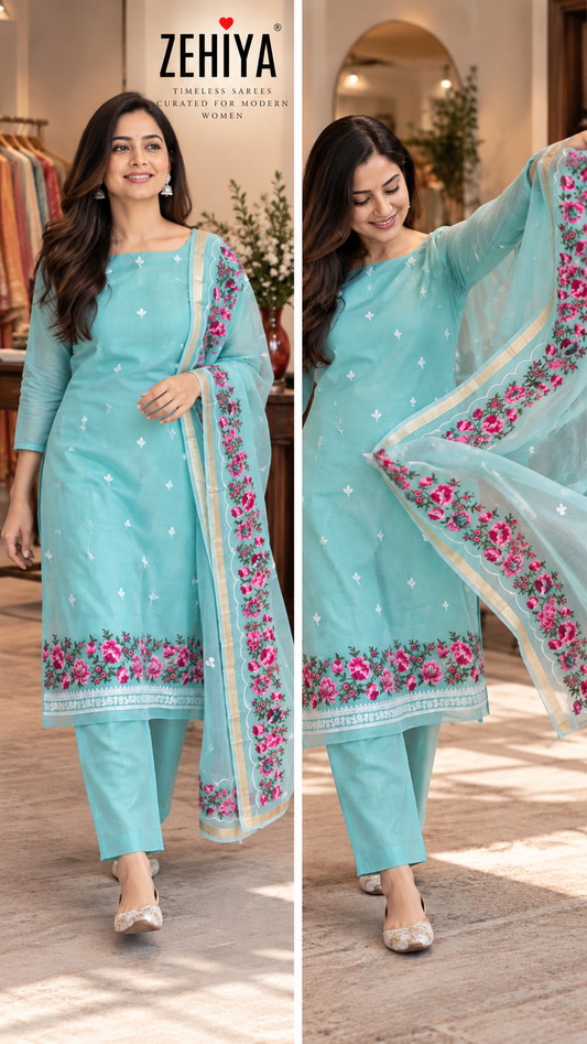 Aqua Blue Floral Embroidered Mix-Cotton Unstitched Suit Set