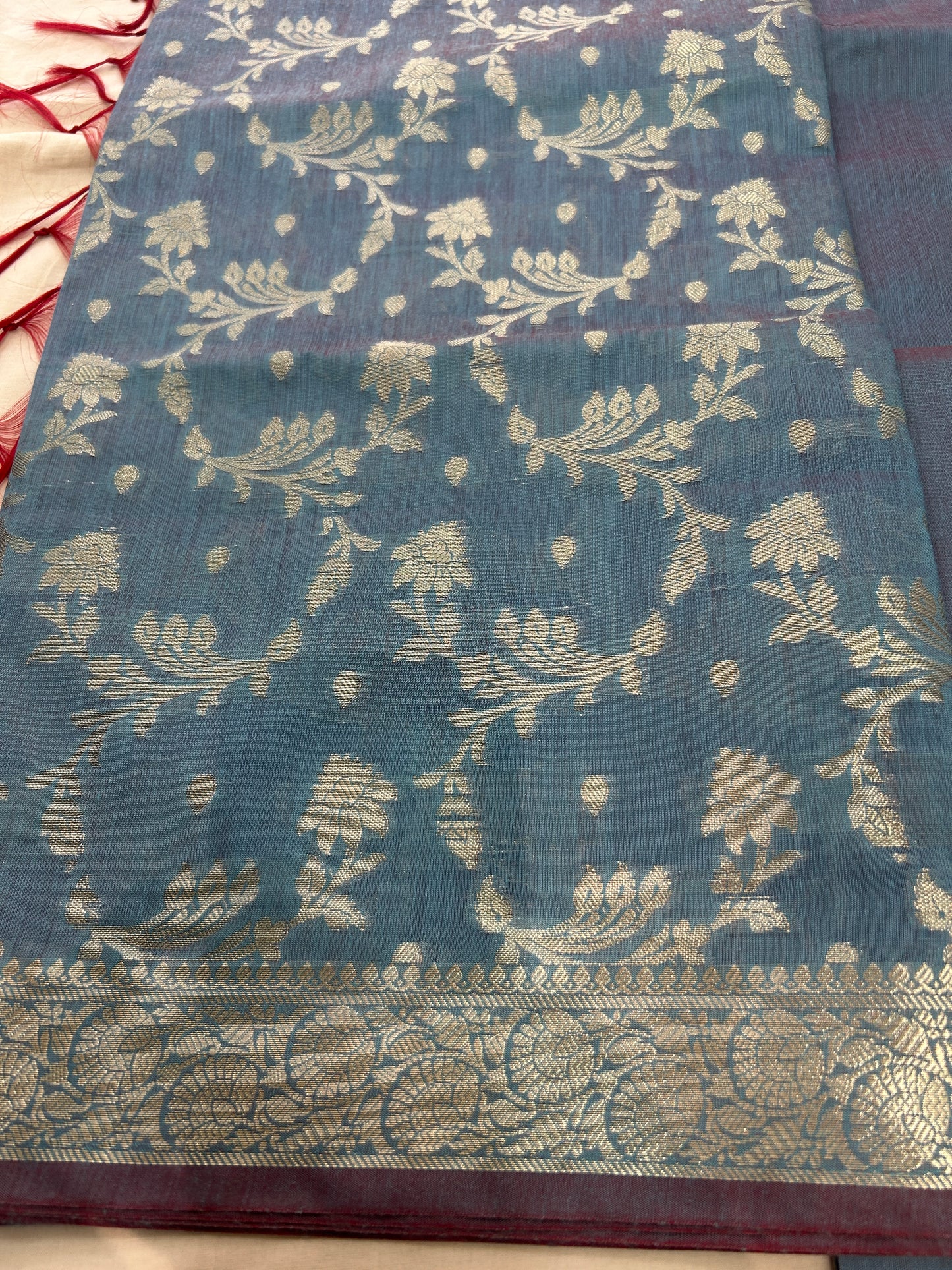 Dusty steel blue color with Solid color body Banarasi 3 piece set