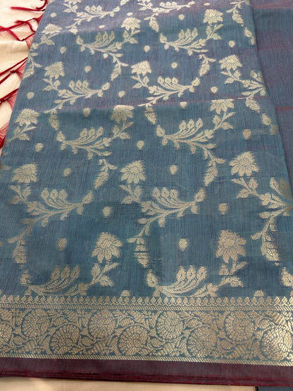 Dusty steel blue color with Solid color body Banarasi 3 piece set