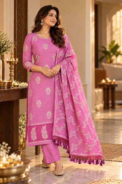 Pink blended Banarasi Silk Meenakari 3-Piece Suit Set