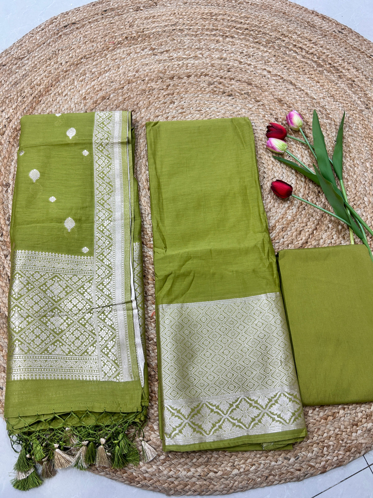Olive Green Pure Mul cotton  Suit Set