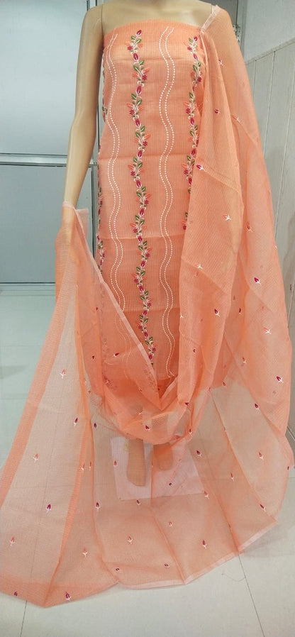 Peach Mix Cotton Kota Doria Embroidered 3-Piece Unstitched Suit Set