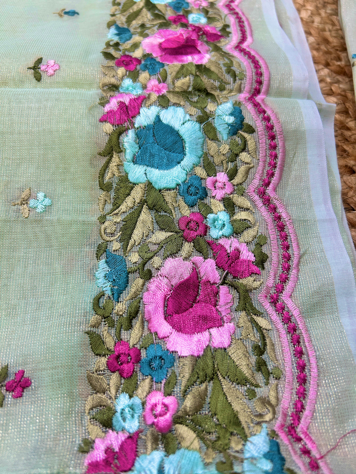 Pastel Green Pure Mul Tissue Parsi Embroidery Dress Material