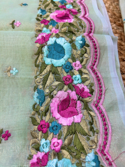 Pastel Green Pure Mul Tissue Parsi Embroidery Dress Material