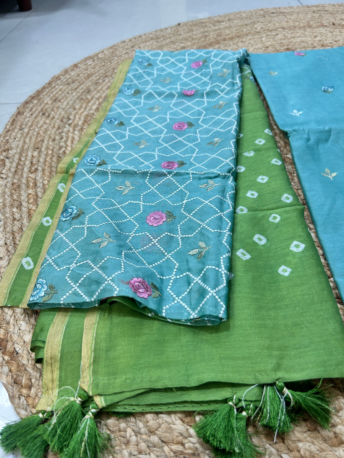 Turquoise Blue Chanderi Embroidered Dress Material