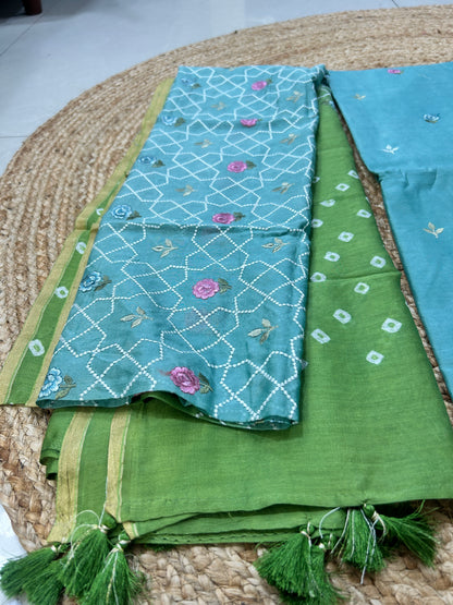 Turquoise Blue Chanderi Embroidered Dress Material
