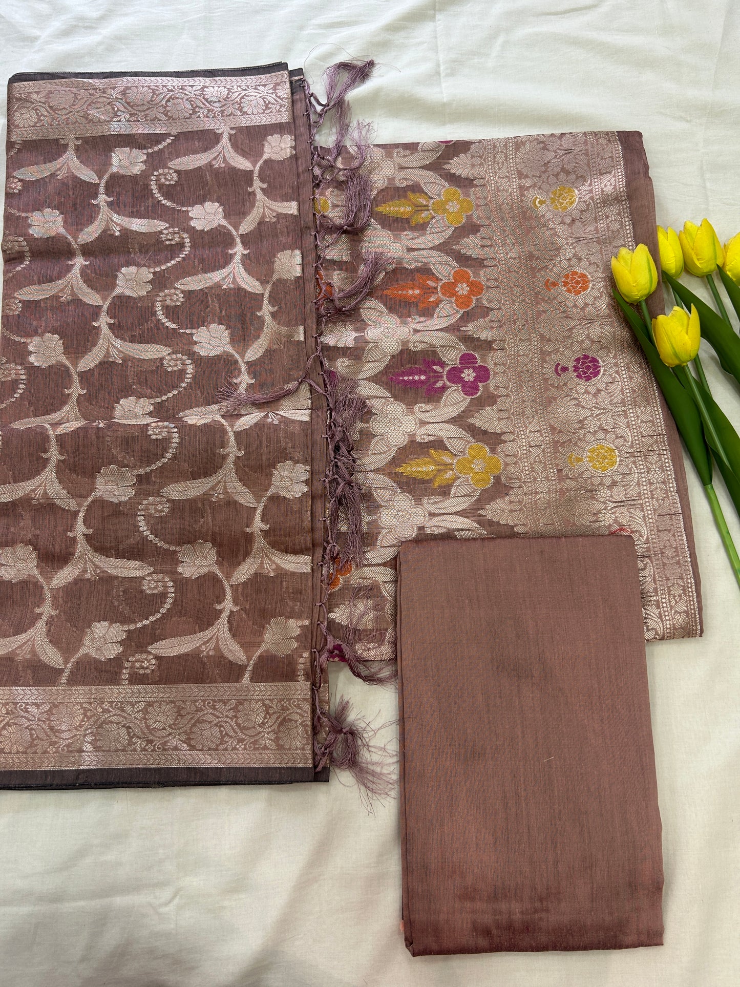 Dusty Brown Cotton double Zari  Banarasi 3 piece set