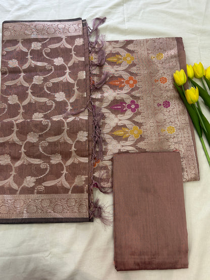 Dusty Brown Cotton double Zari  Banarasi 3 piece set