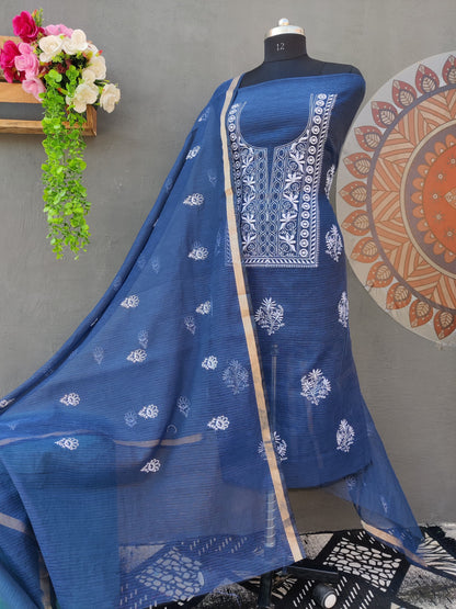 Navy Blue Mix Cotton Kota Doria Unstitched Suit Set