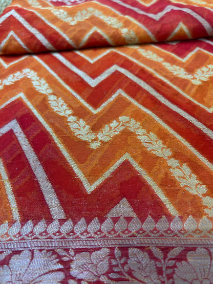 Authentic Handloom Orange & Red Pure Georgette Khaddi weaving Handloom Saree