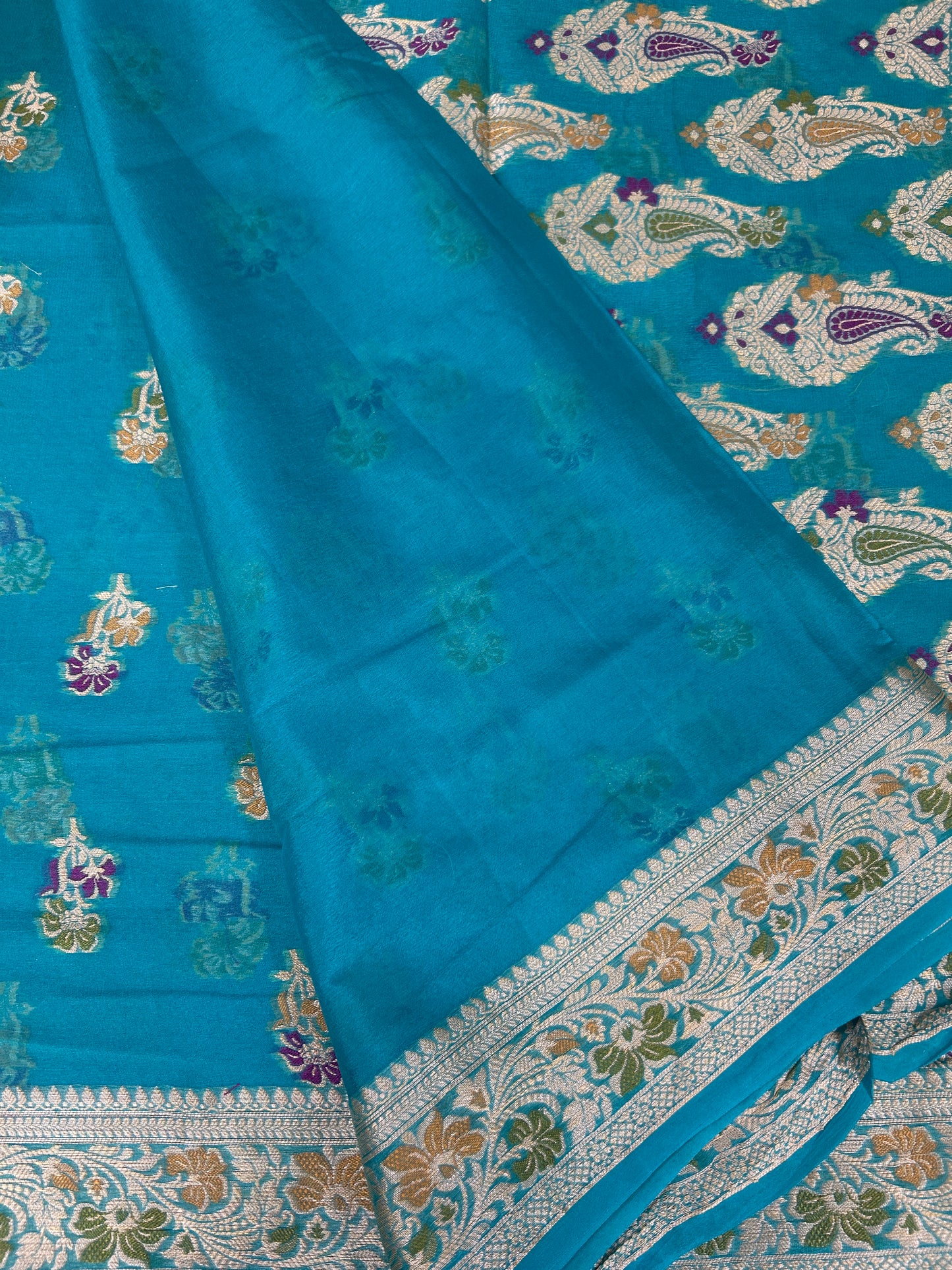 Authentic Handloom Pure Khaddi Georgette Banarasi Saree – Turquoise Blue with Meenakari Weaving