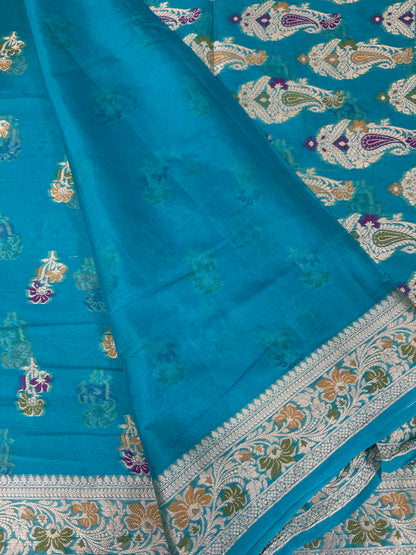 Authentic Handloom Pure Khaddi Georgette Banarasi Saree – Turquoise Blue with Meenakari Weaving