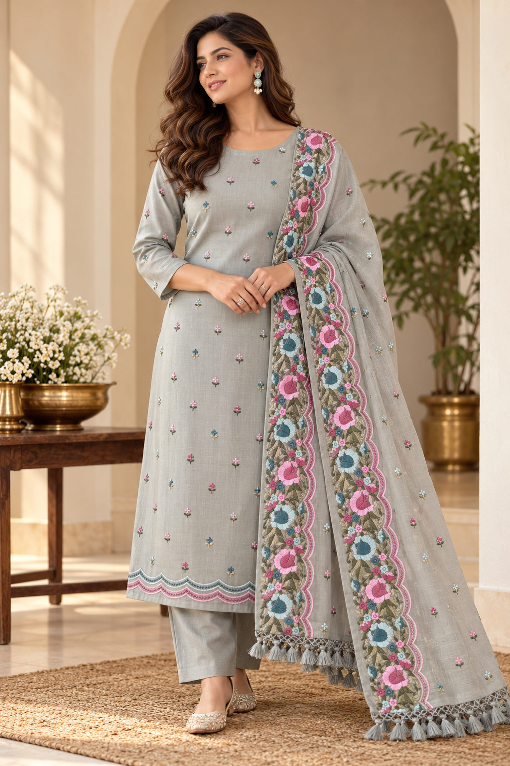 Silver Grey Pure Mul Tissue Parsi Embroidery Dress Material
