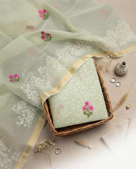 Sage Green Mixed Cotton Kota Doria Unstitched Suit Set