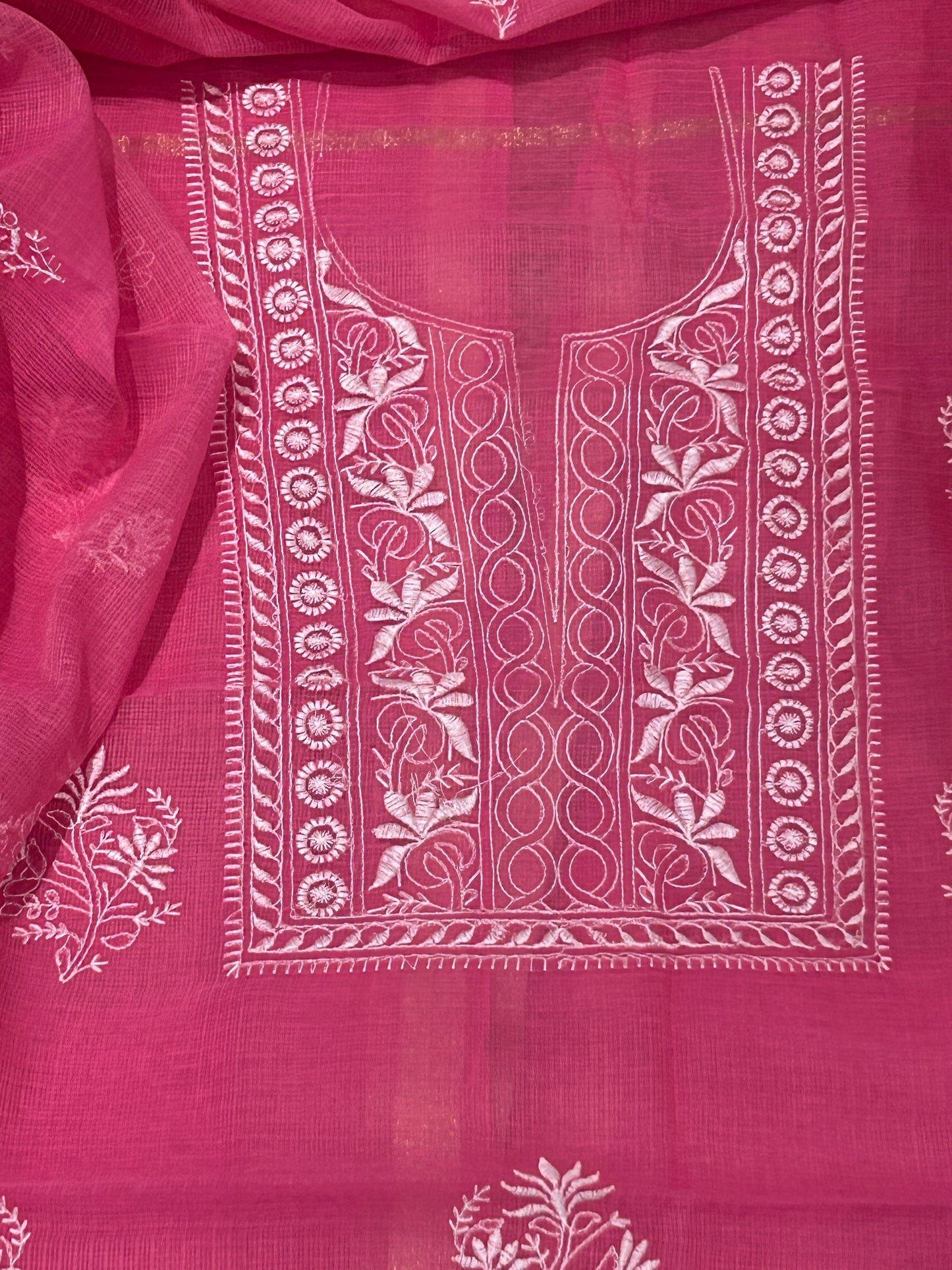 Rani Pink Mixed Cotton Kota Doria Unstitched Suit Set