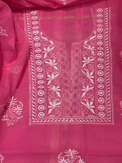 Rani Pink Mixed Cotton Kota Doria Unstitched Suit Set