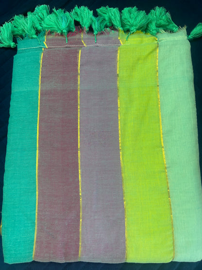 Rainbow mulcotton with light blue and purple stripes all over the body