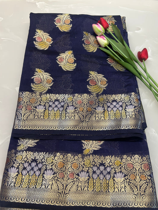 Navy Blue color Dupion Silk Handloom Banarasi Saree
