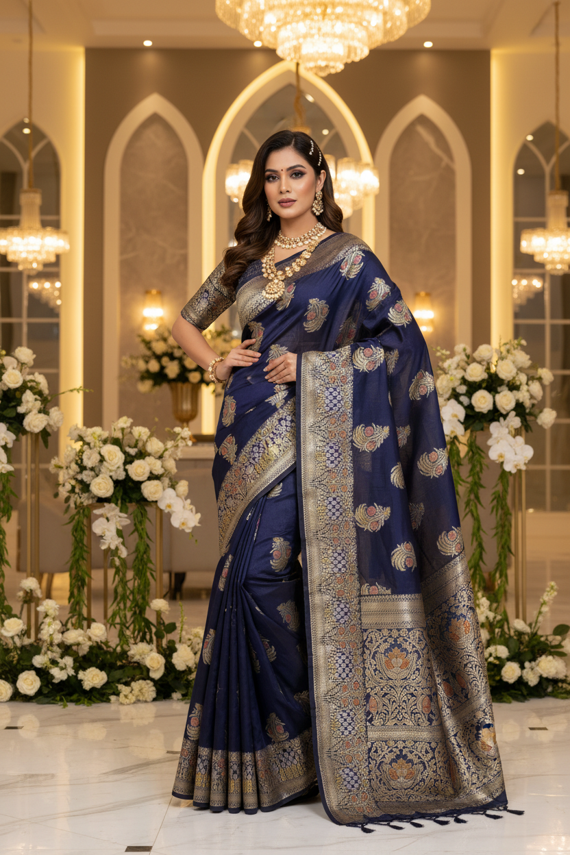 Navy Blue color Dupion Silk Handloom Banarasi Saree