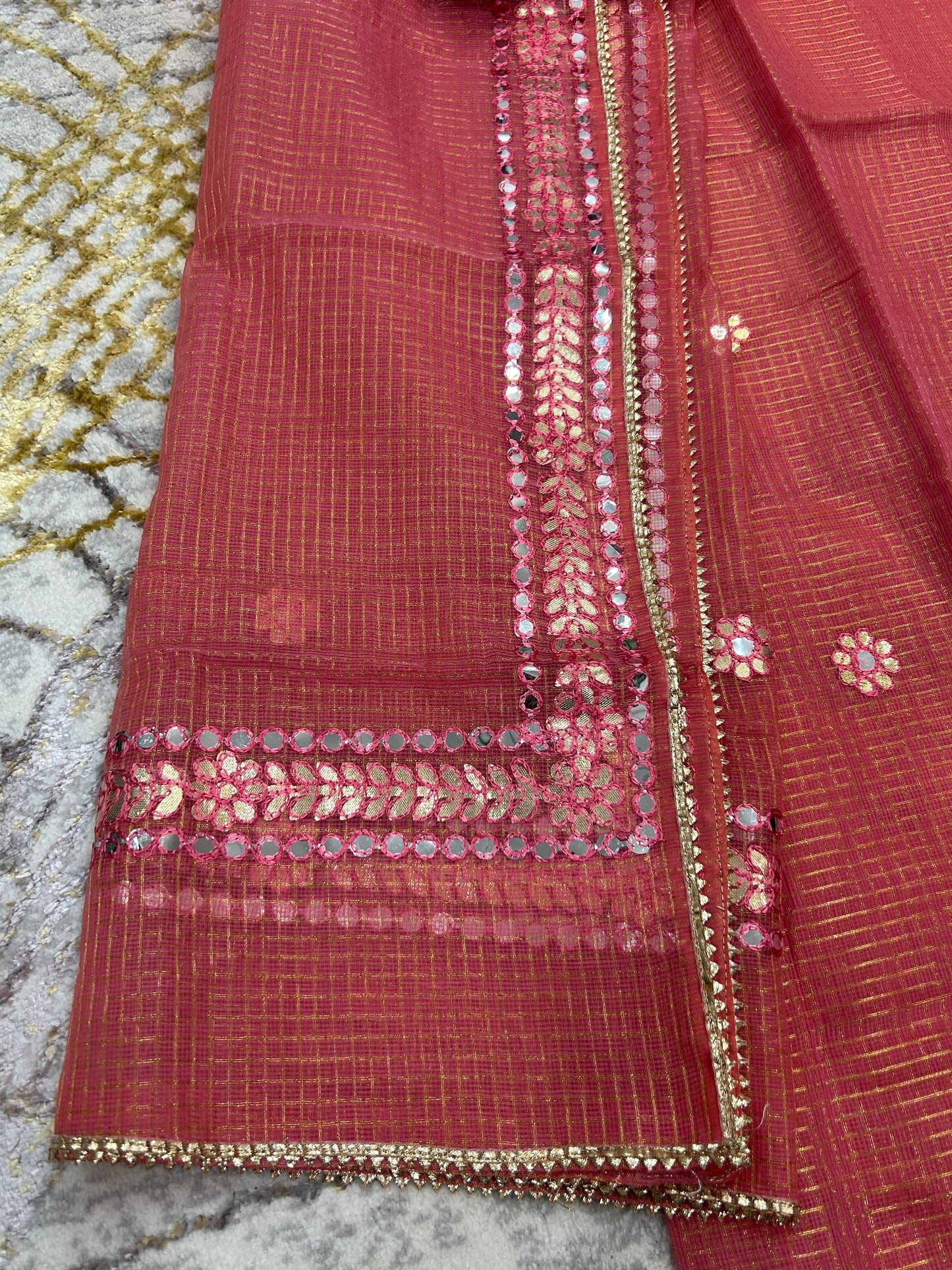 Carrot red  Kota Doria  with Gotapatti 3 piece unstitched Dress Material