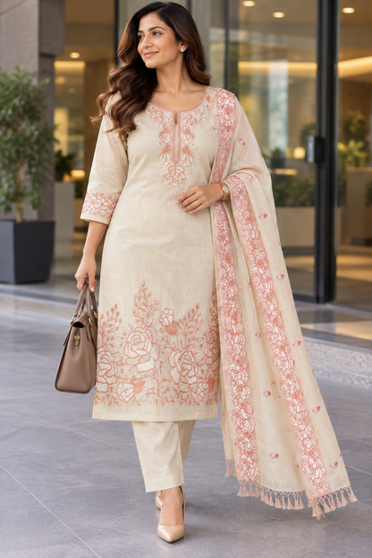 Pale Peach Floral Mulcotton 3-Piece Suit Set