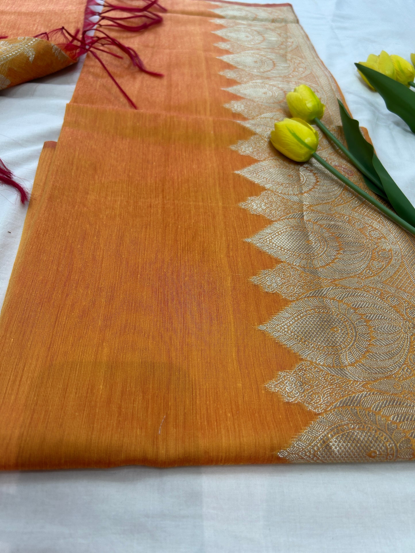 Mango yellow with Solid color body Banarasi 3 piece set