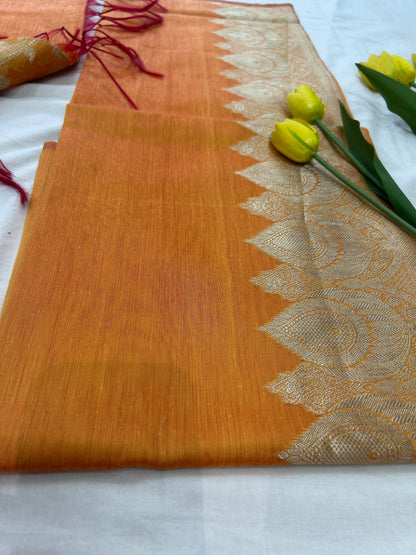 Mango yellow with Solid color body Banarasi 3 piece set