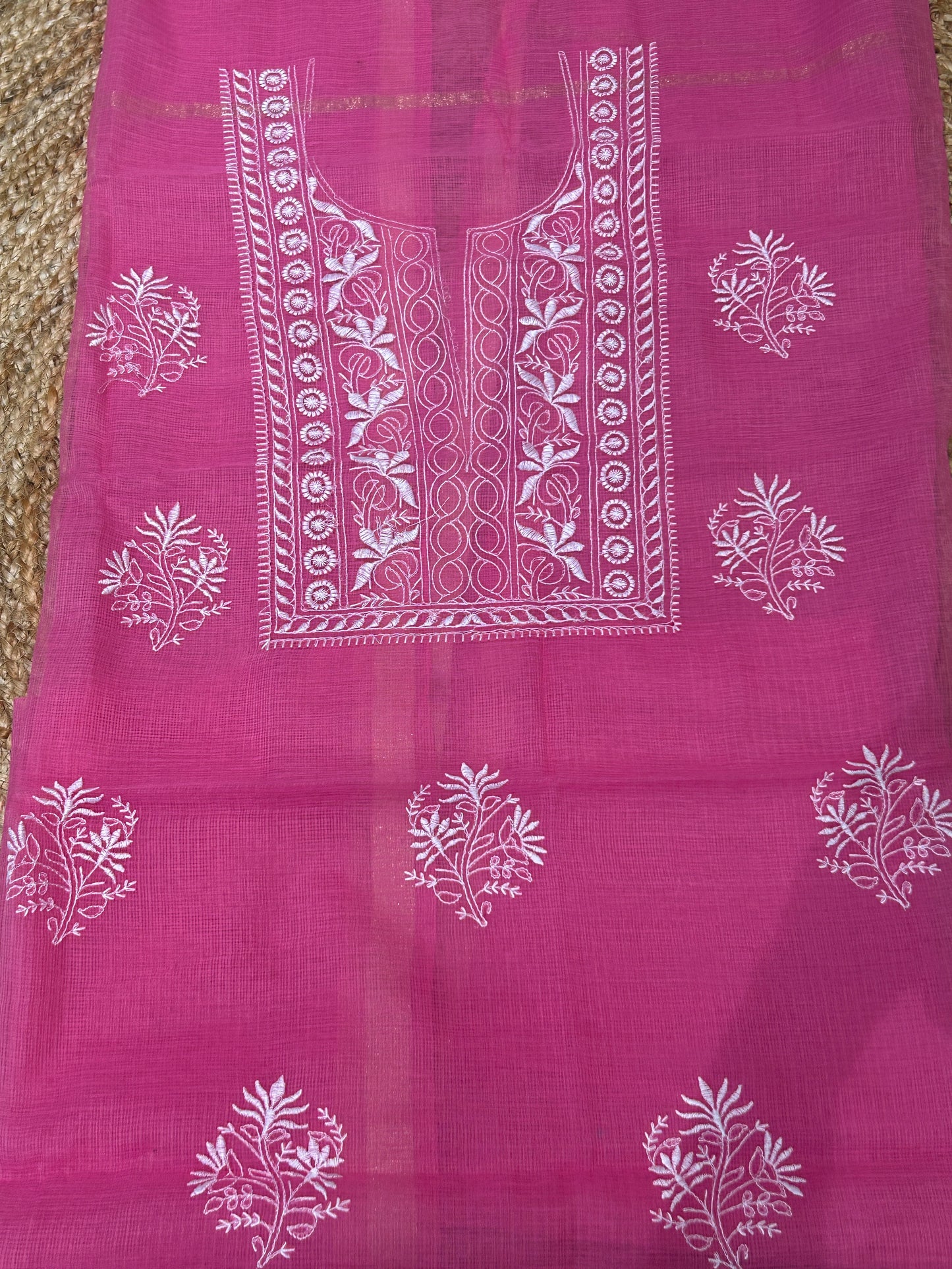 Rani Pink Mixed Cotton Kota Doria Unstitched Suit Set