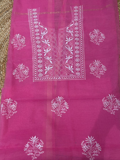 Rani Pink Mixed Cotton Kota Doria Unstitched Suit Set